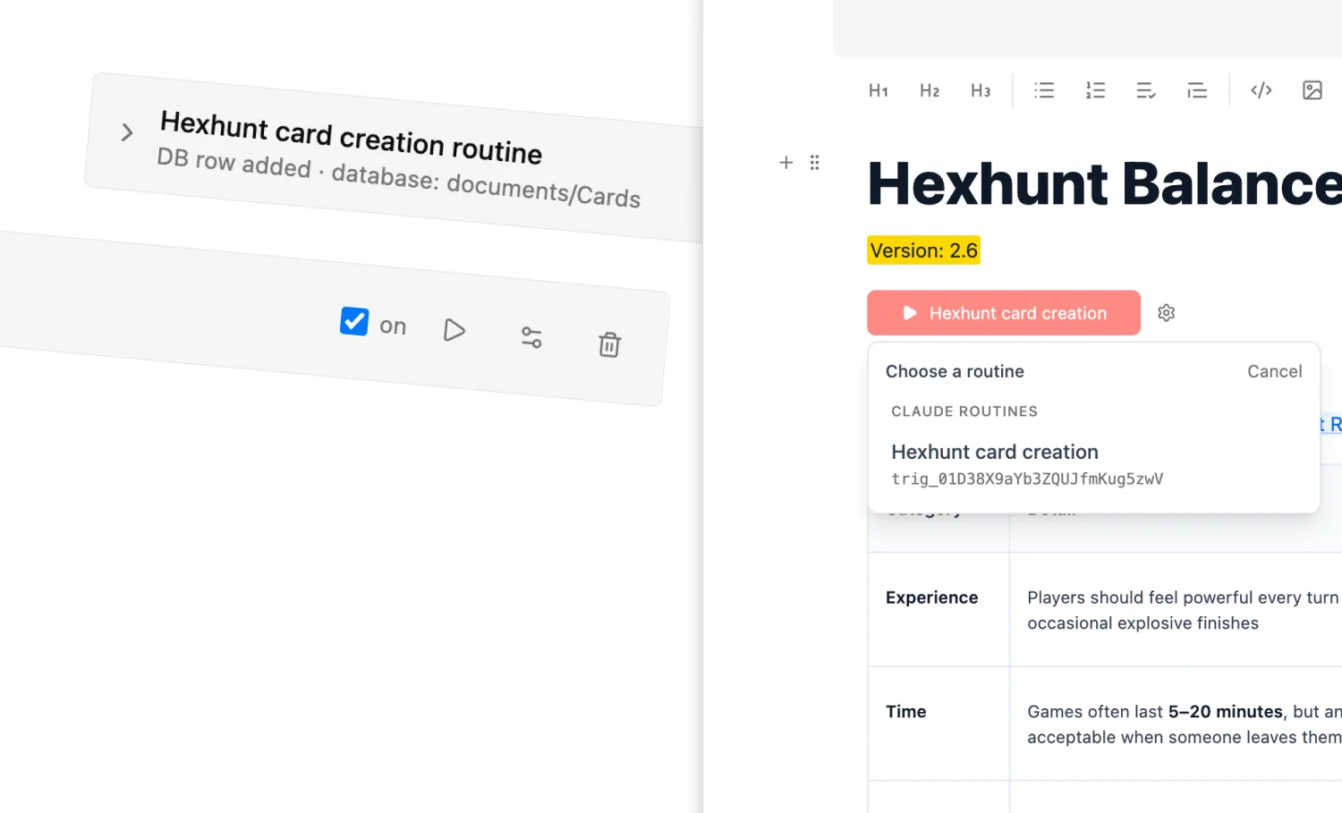 An AI routine firing on a workspace event in Hillnote