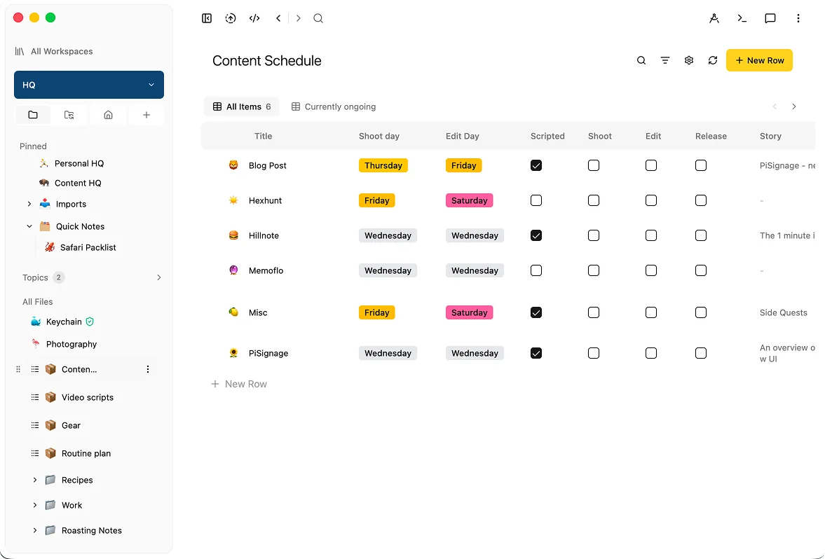 A Hillnote database with typed columns