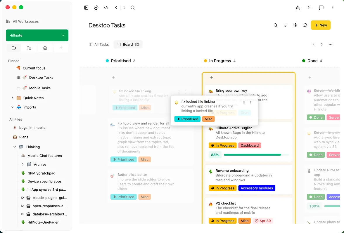 A kanban board of tasks in Hillnote