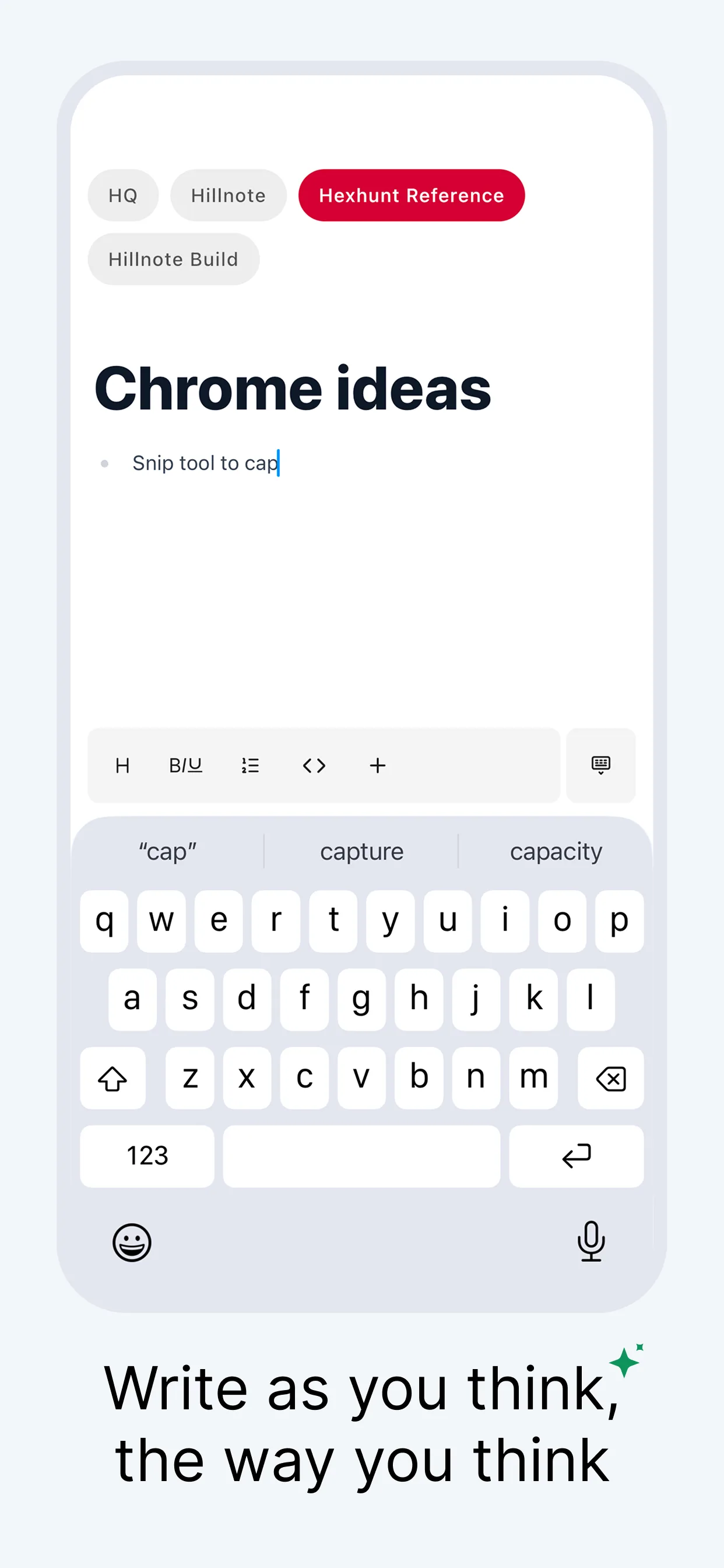 Writing markdown in the Hillnote mobile editor